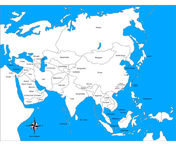 Asie - kontrolní mapa s označením států - NOVÁ