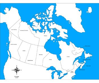 Kanada - kontrolní mapa s označením států NOVÁ