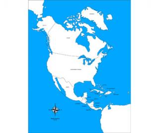 Severní Amerika - kontrolní mapa s označením států NOVÁ