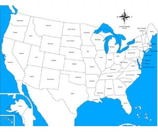 USA - kontrolní mapa s označením států NOVÁ